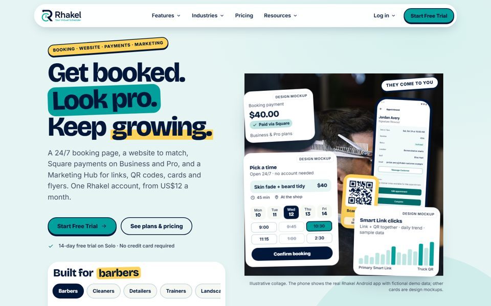 Concept C homepage: bold headline Get booked. Look pro. Keep growing. on a mint background with a collage of booking and payment cards