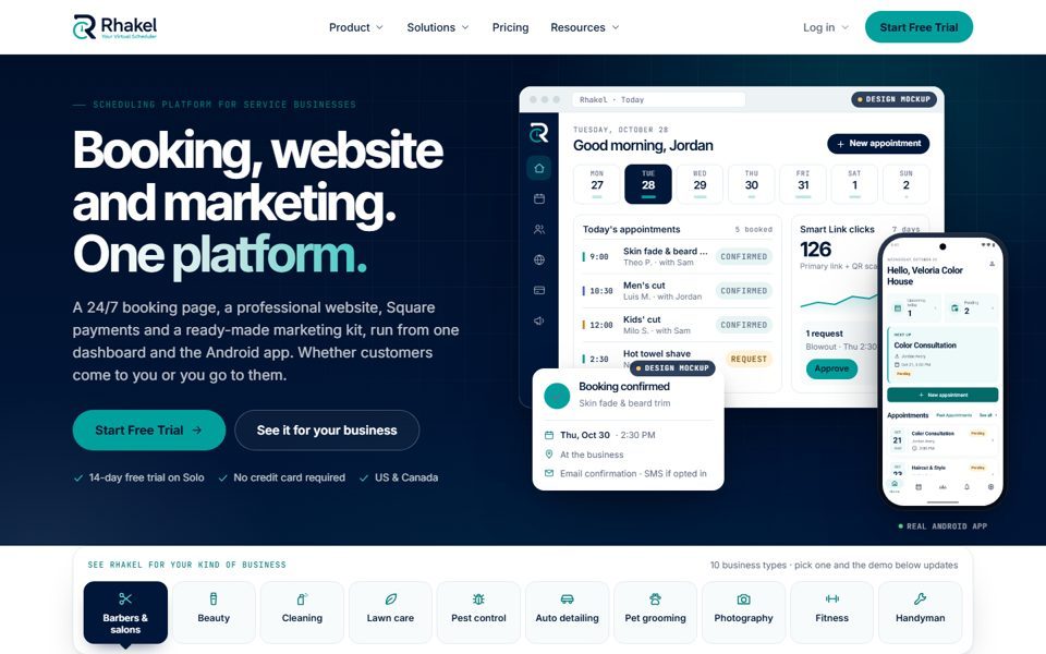 Concept D homepage: navy hero with the headline Booking, website and marketing. One platform., a dashboard preview and a row of business types