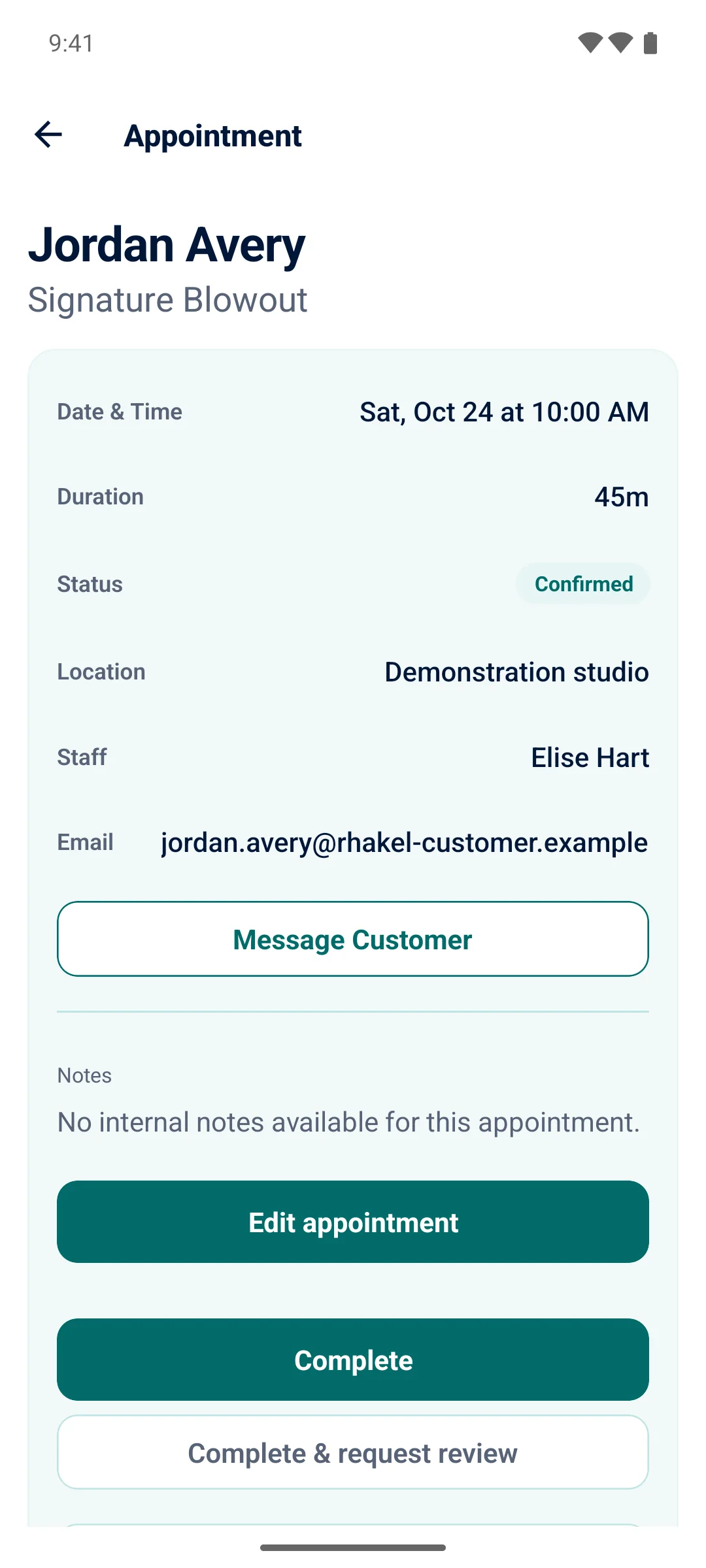 Rhakel Android app appointment details for a fictional customer