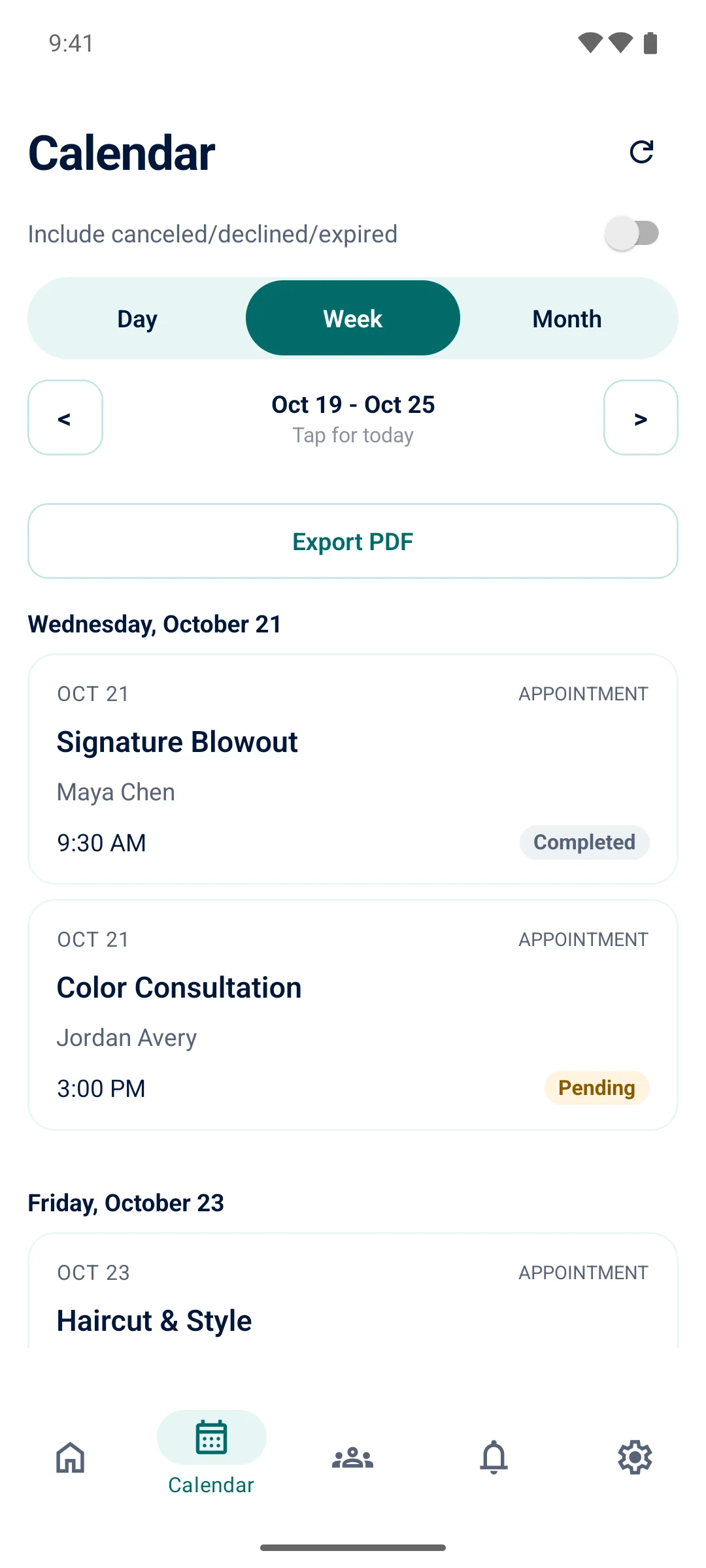 Rhakel Android app calendar week view with demo appointments