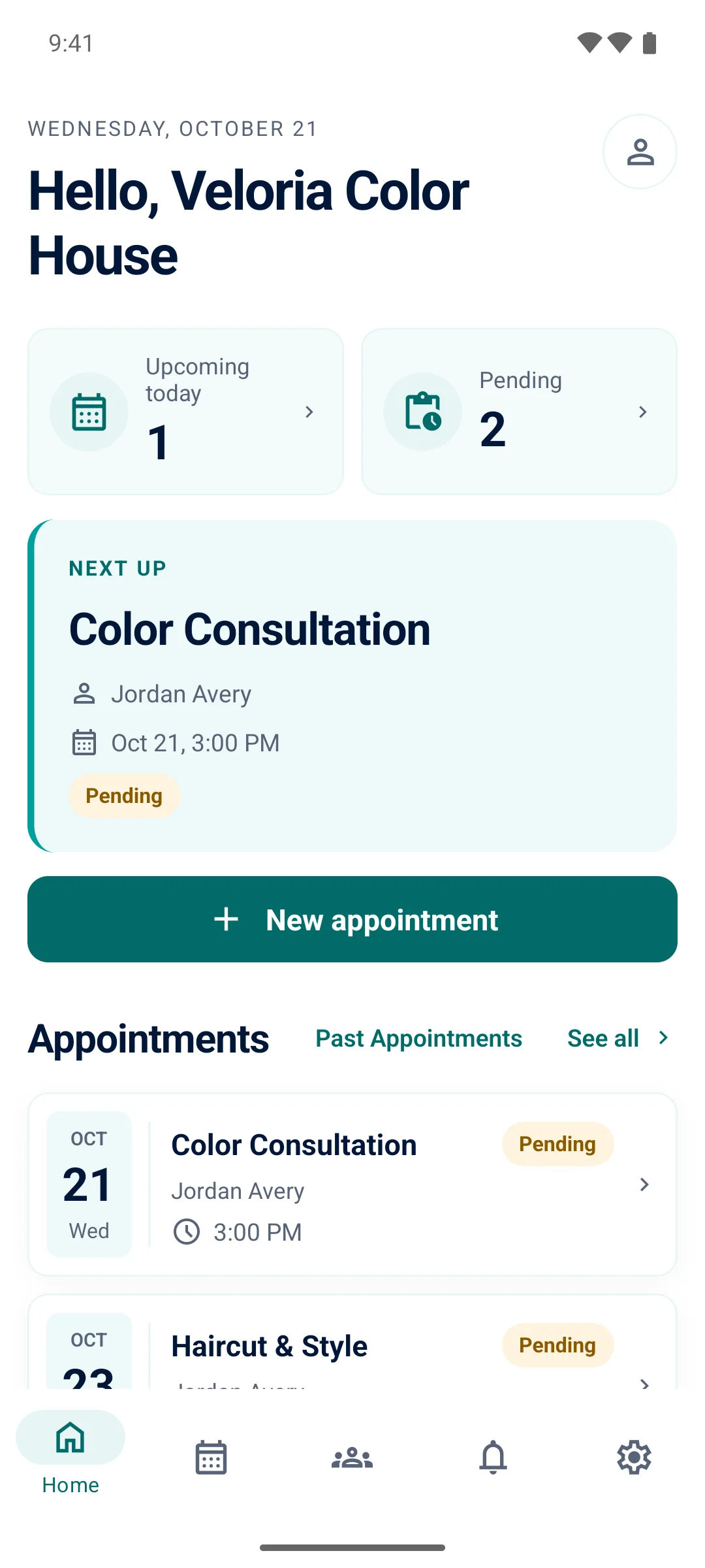 Rhakel Android app Home screen with upcoming appointments for the demo business Veloria Color House